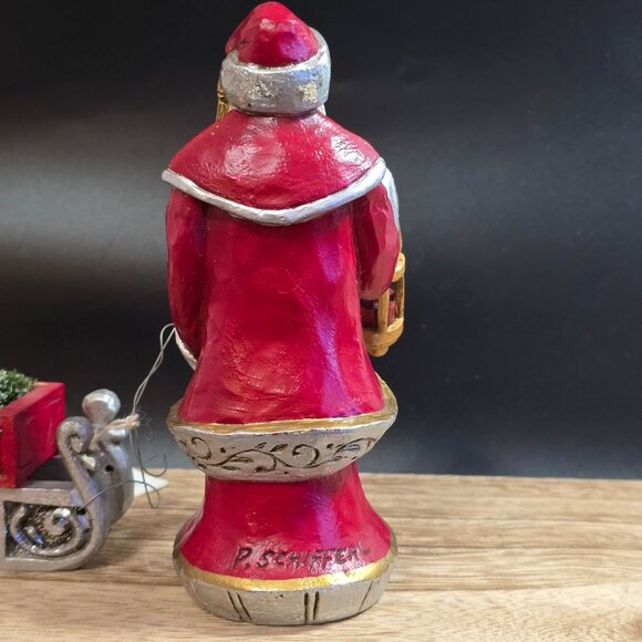 NWT Pam Schifferl Handcrafted Santa Figurine With Lantern & Sleigh Red/Gold - Picture 9 of 14